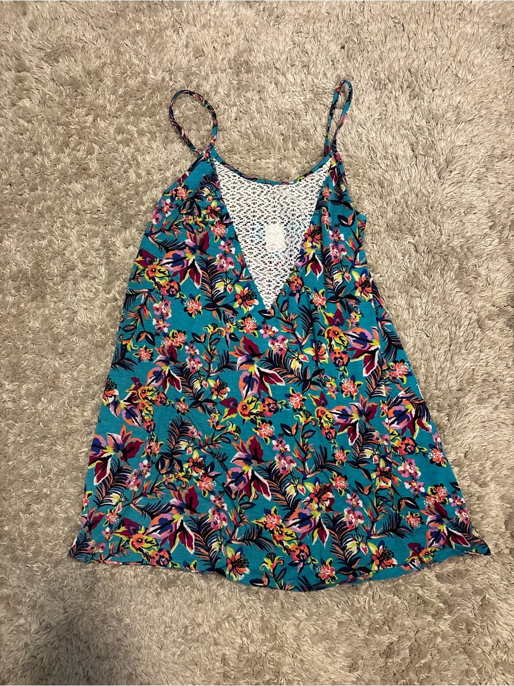 Turquoise Floral Lace-Trim Spaghetti Strap Dress